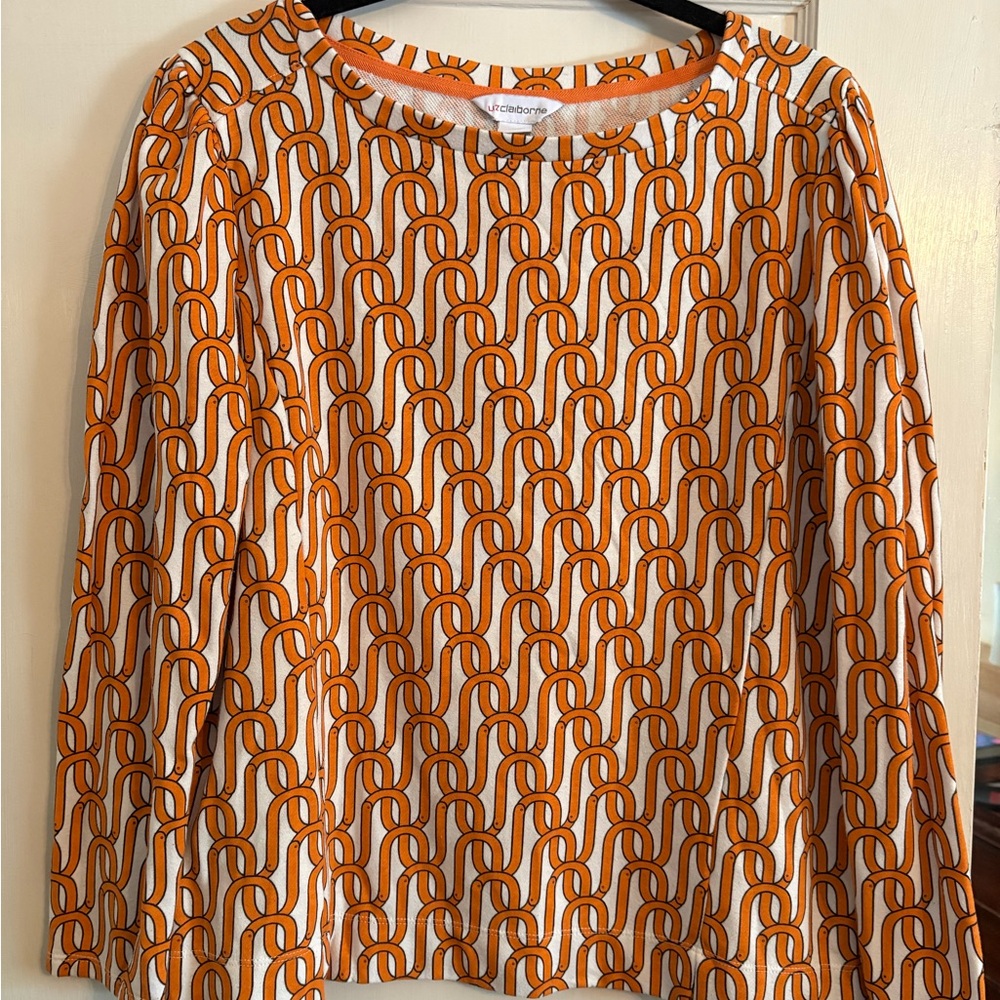 VTG J. Crew Liz Claiborne Orange and White Patterned 3/4 Length Sleeve Top